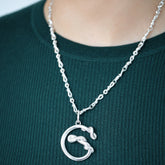 product_details::CRZM Sterling Silver Torsional Chain Necklace and CRZM Letter G Large Sterling Silver Letter Charm on model.