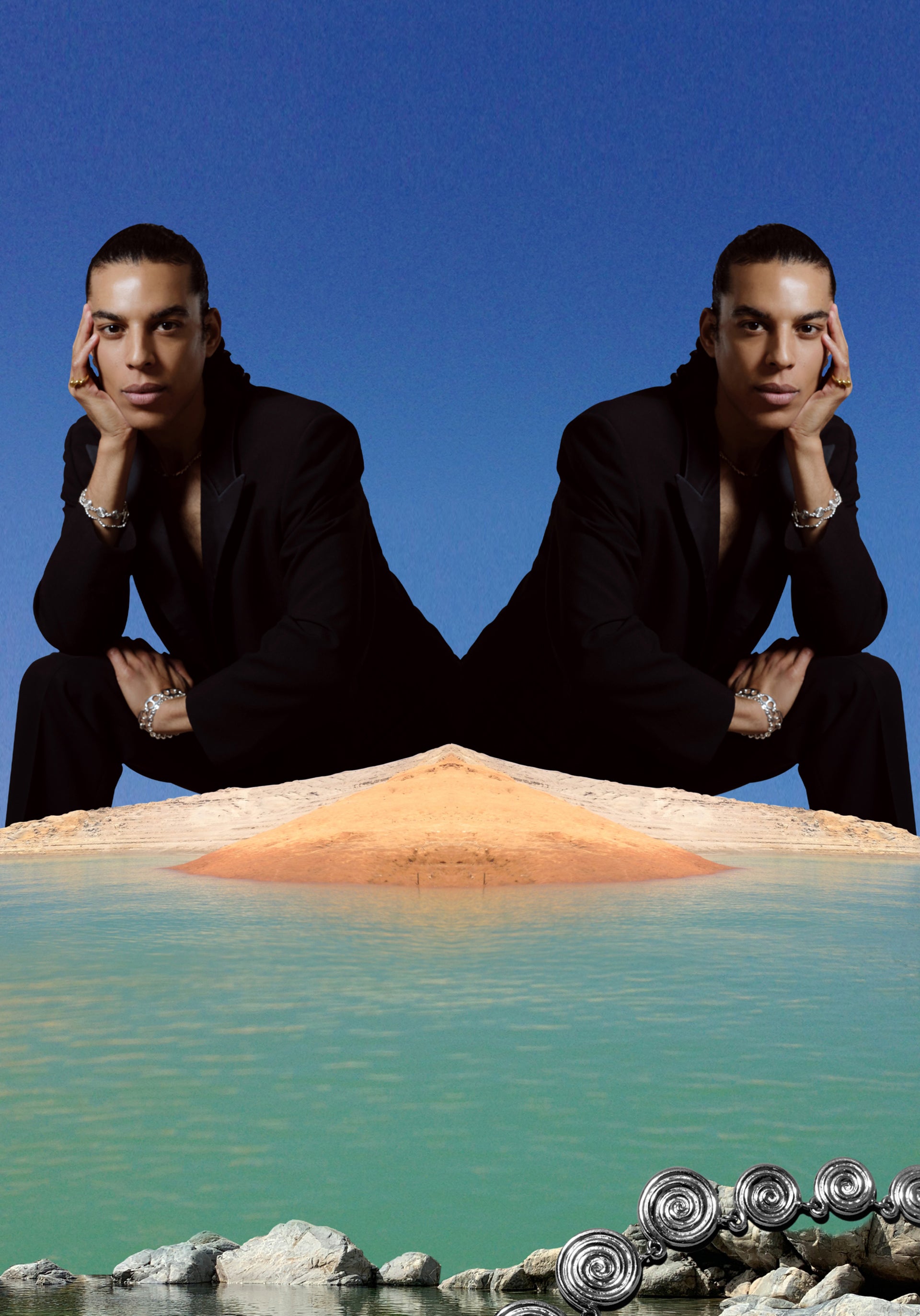 Collage image featuring models wearing CRZM by Mociun jewelry in a natural landscape