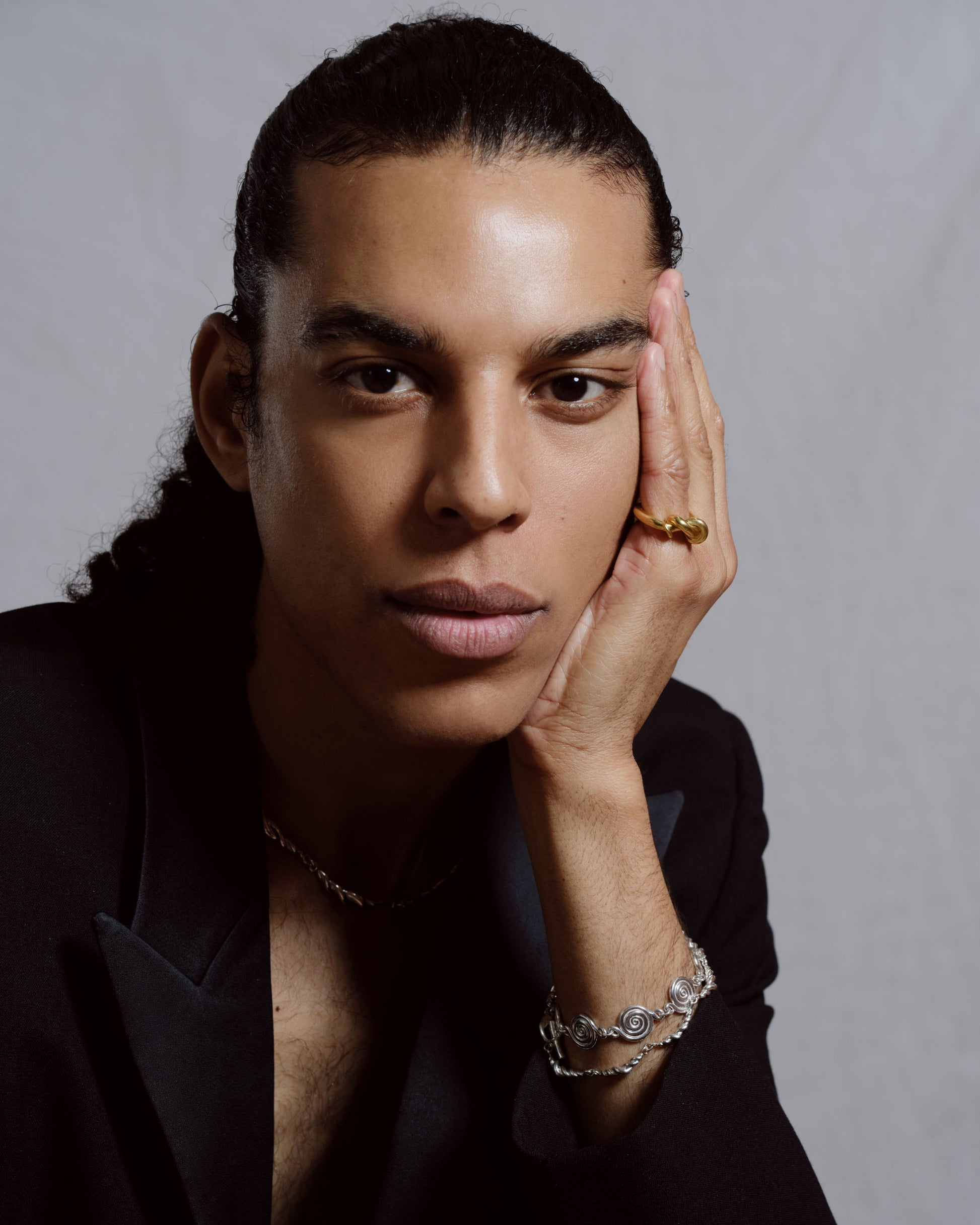 CRZM Sterling Silver Serpentinite Bracelet and CRZM Sterling Silver Foothill Bracelet on male model.