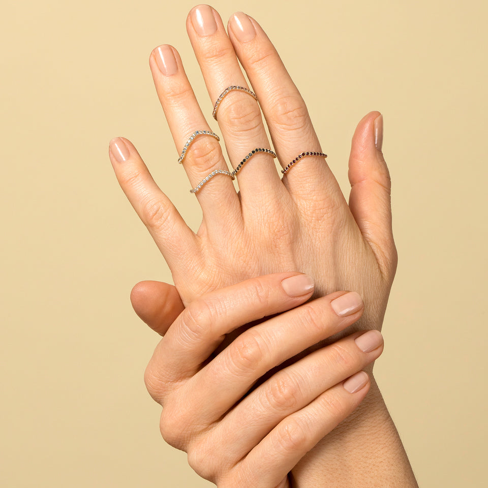 product_details::Gold Pavé Low Peak Bands on model.