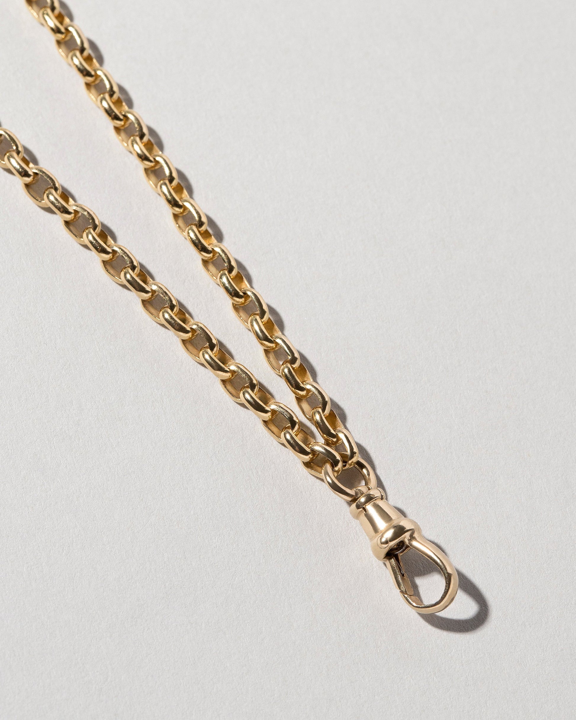 Closeup details of the Short Loop Chain Necklace and Swivel Fob on light color background.
