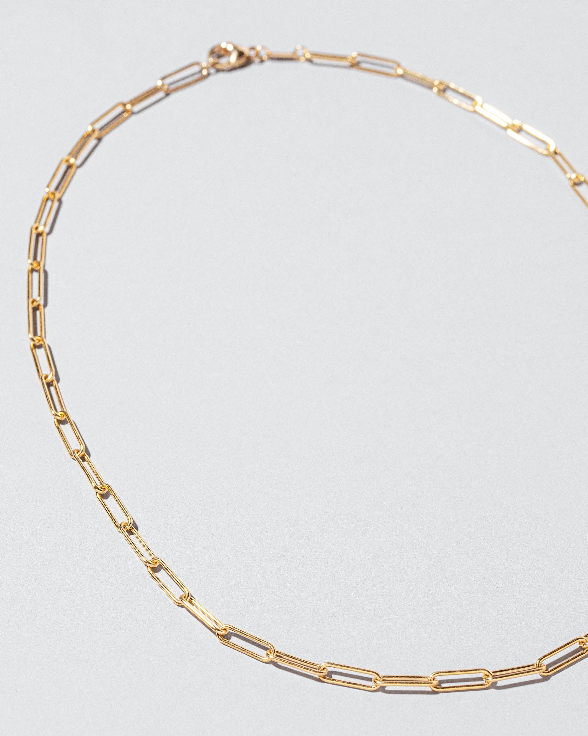 Closeup details of the Long Oval Chain Necklace on light color background.