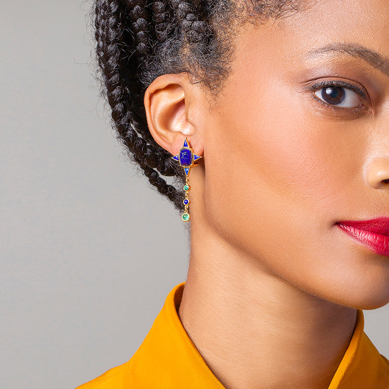 product_details::Lapis & Emerald Drop Earrings on model