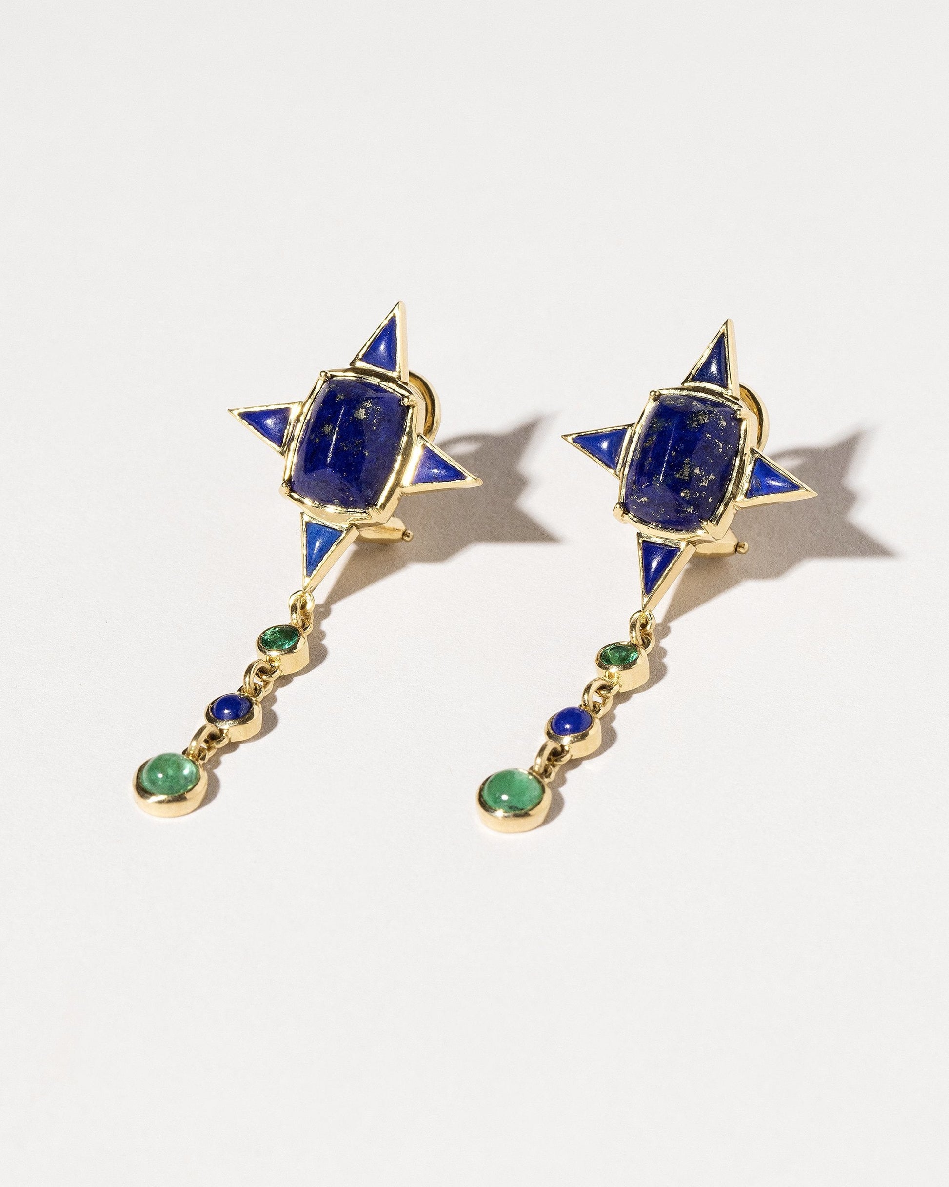  Lapis & Emerald Drop Earrings on light color background
