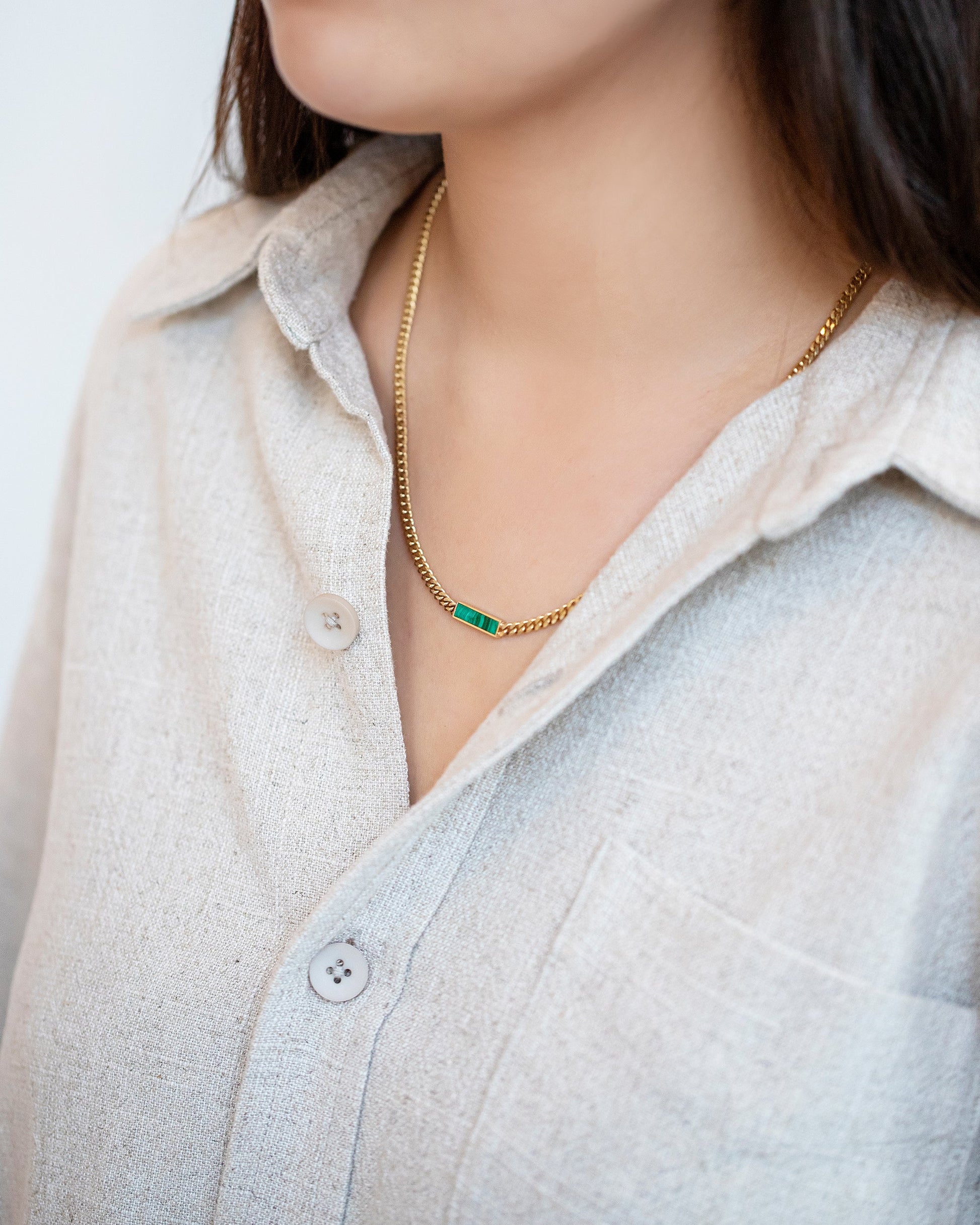 3.4mm Emerald Identity Chain Necklace on model.