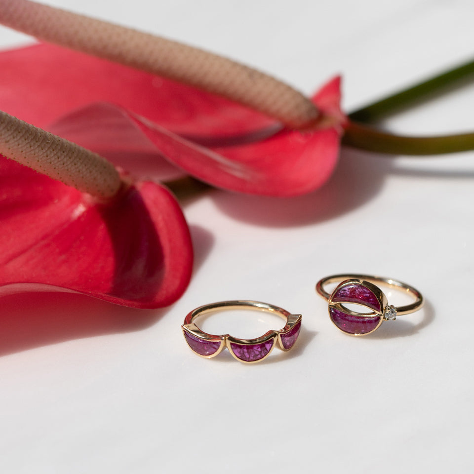 product_details::Styled image featuring the Rebirth Ring and Power Ring on light color background.