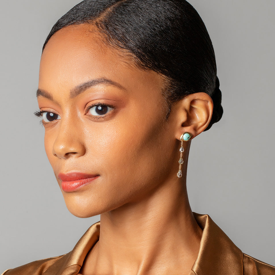 product_details::Turquoise Transformation Earrings on model.