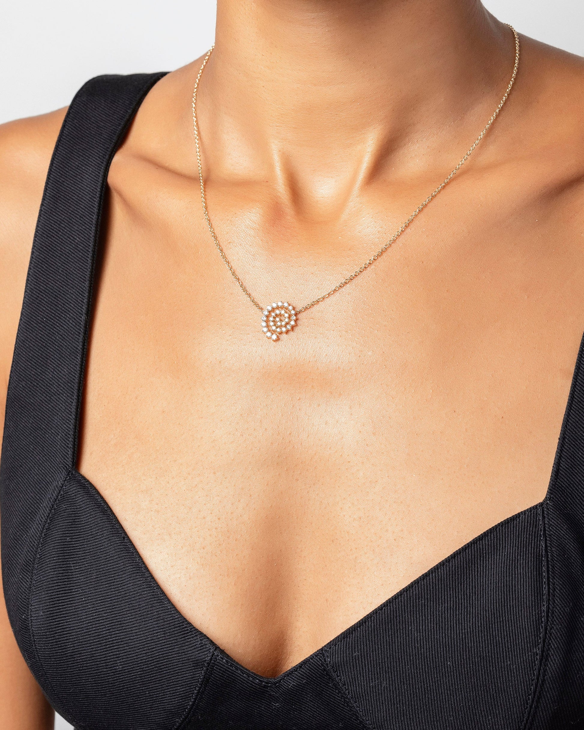 Full White Diamond Spiral Necklace on model.